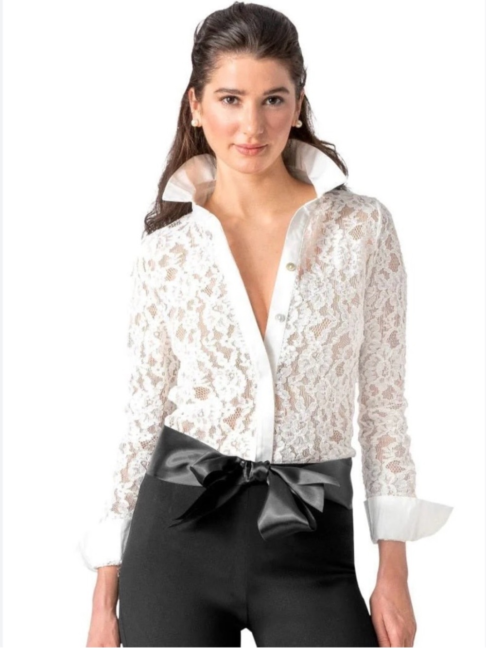 Gretchen Scott Lacelet Lace Blouse Button Down L White Old Money Quiet Luxury